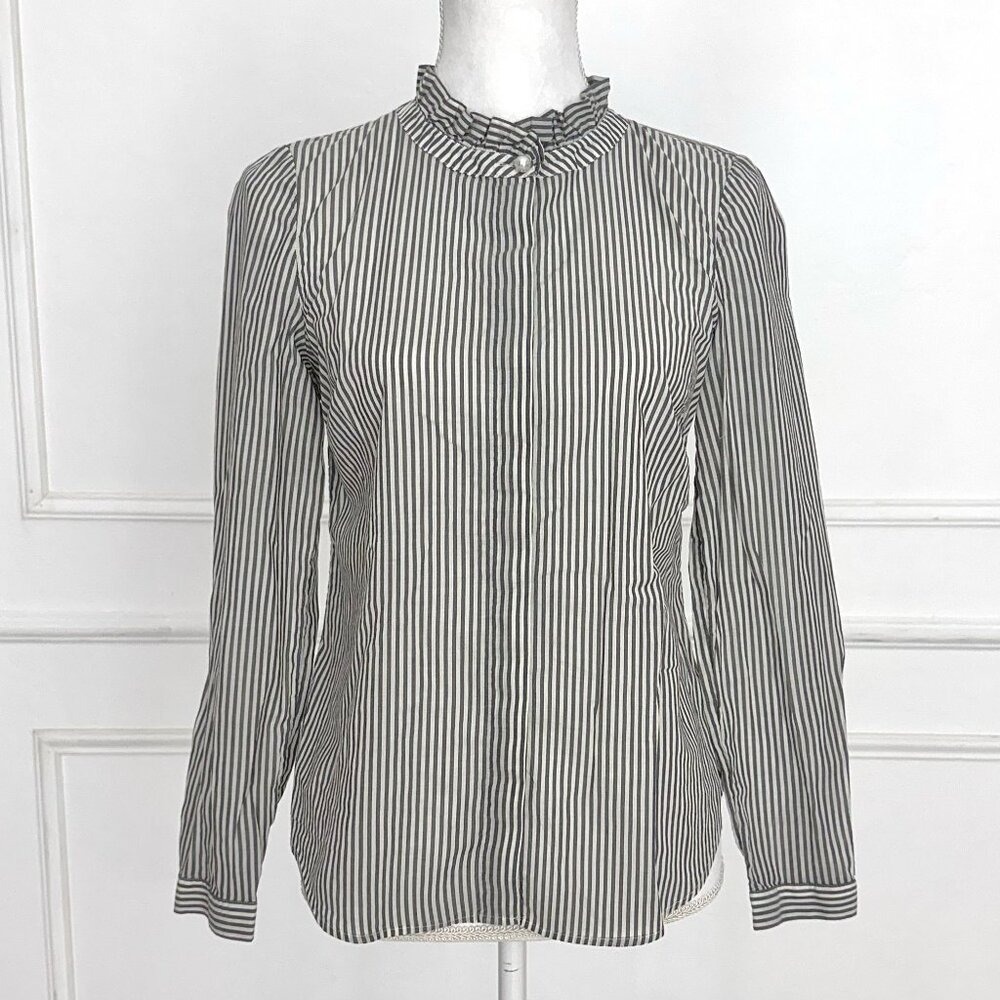 Talbots Tulip Stripe Gray White Ruffle Neck‎ Blouse Classic Button Front Top XS